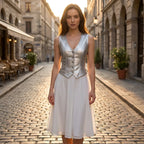 Driftly women's silver faux leather V-neck vest, styled with a white midi skirt on a European street at golden hour.