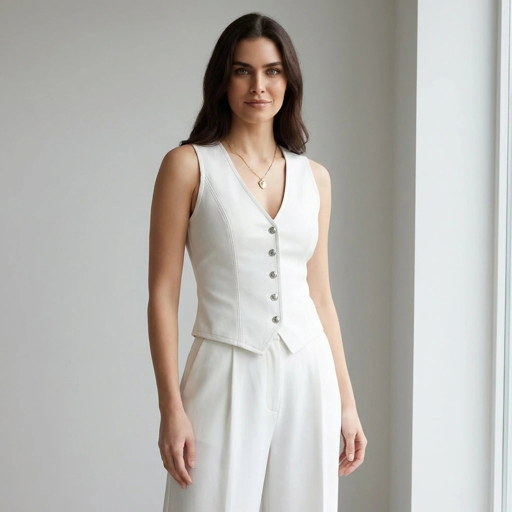 Driftly women's white faux leather V-neck vest, styled with white wide-leg trousers in a minimalist studio setting.