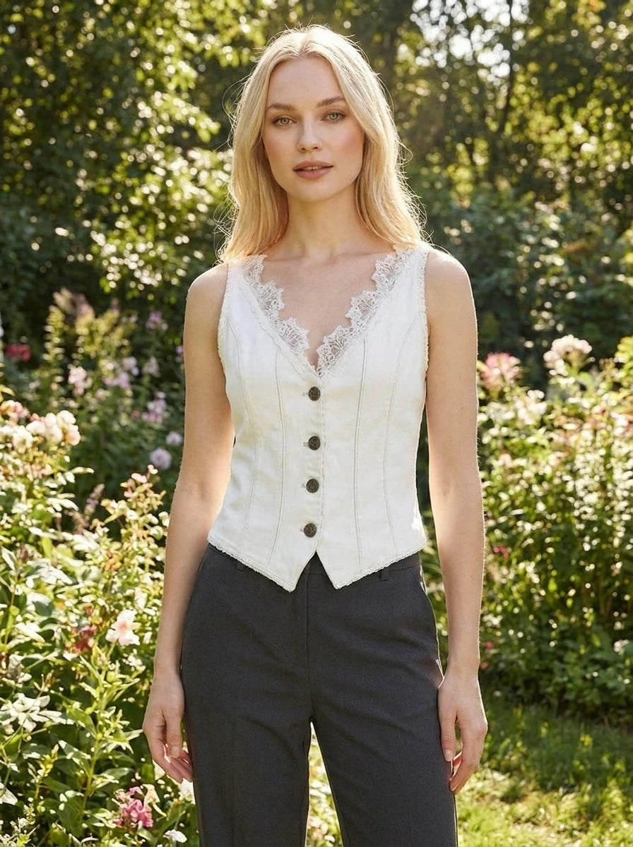 Woman wearing a white sleeveless vintage lace collar vest in a sunlit garden setting