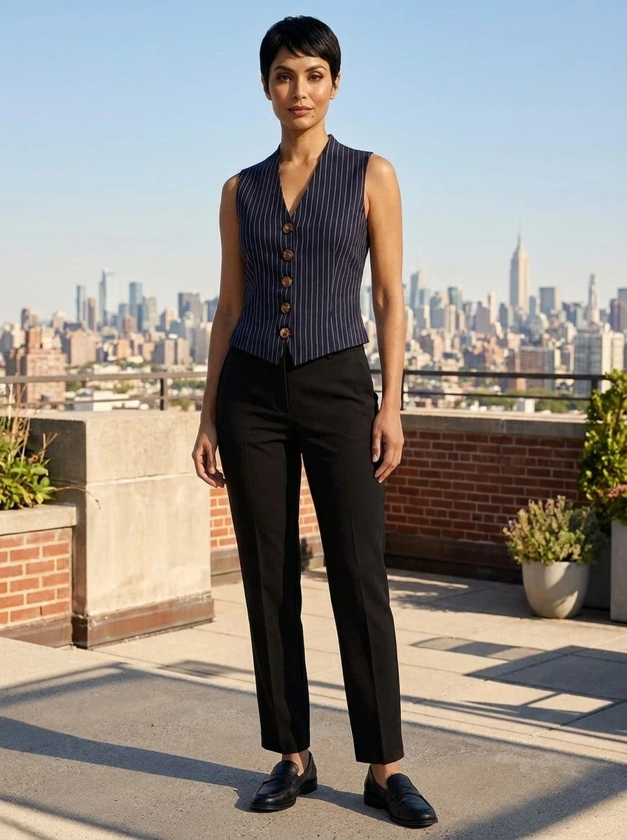 Woman wearing a navy vintage striped sleeveless vest on a rooftop terrace with city skyline