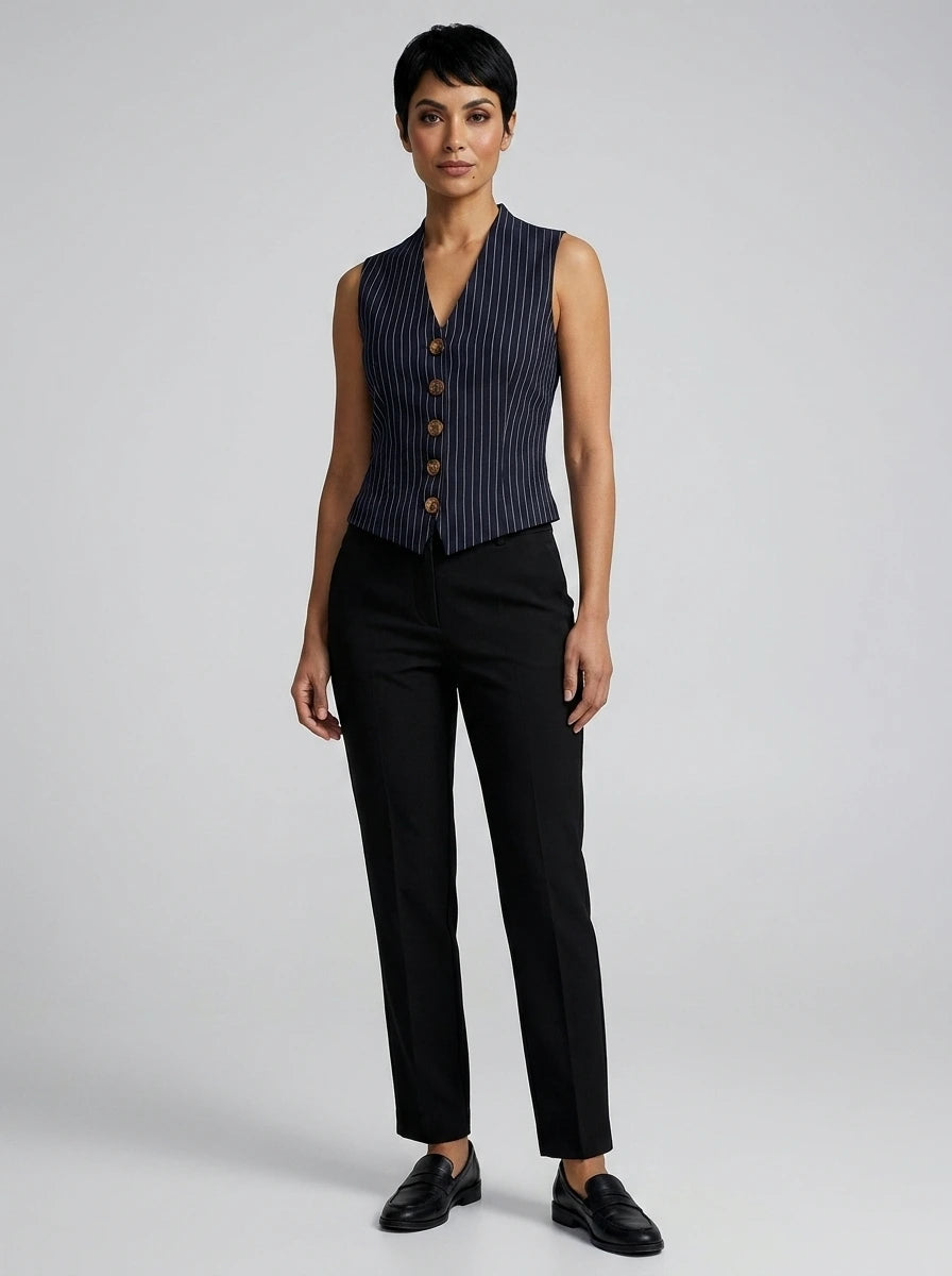 Woman wearing a navy vintage striped sleeveless vest in a studio setting