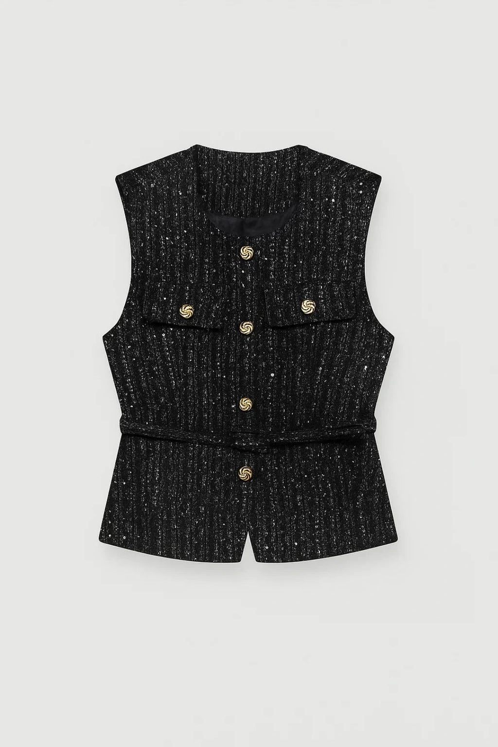 Driftly belted textured waistcoat in black, flat lay front