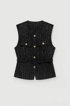 Driftly belted textured waistcoat in black, flat lay front