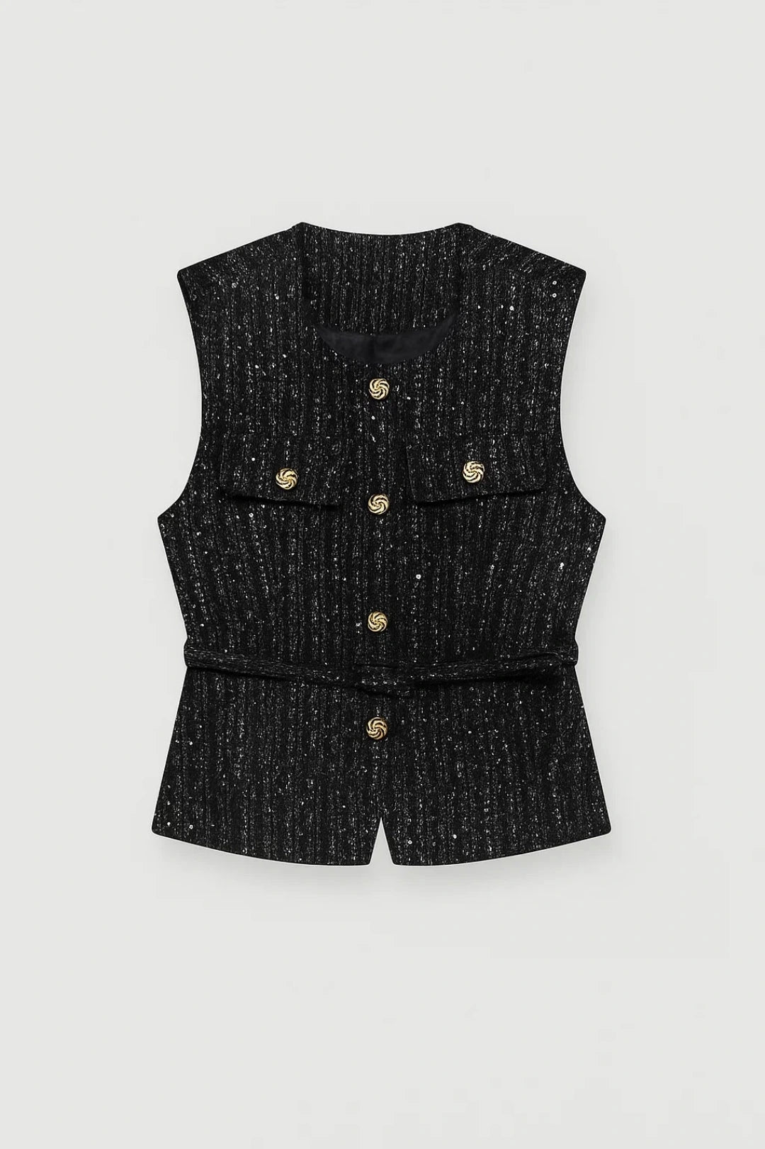 Driftly belted textured waistcoat in black, flat lay front