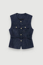Driftly belted textured waistcoat in dark blue, flat lay front