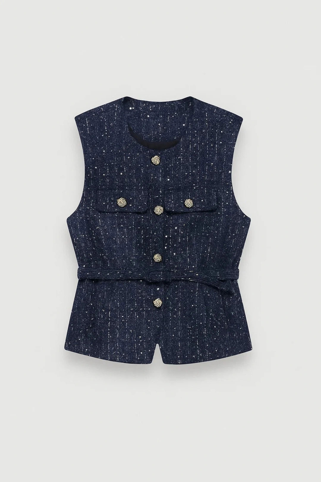 Driftly belted textured waistcoat in dark blue, flat lay front