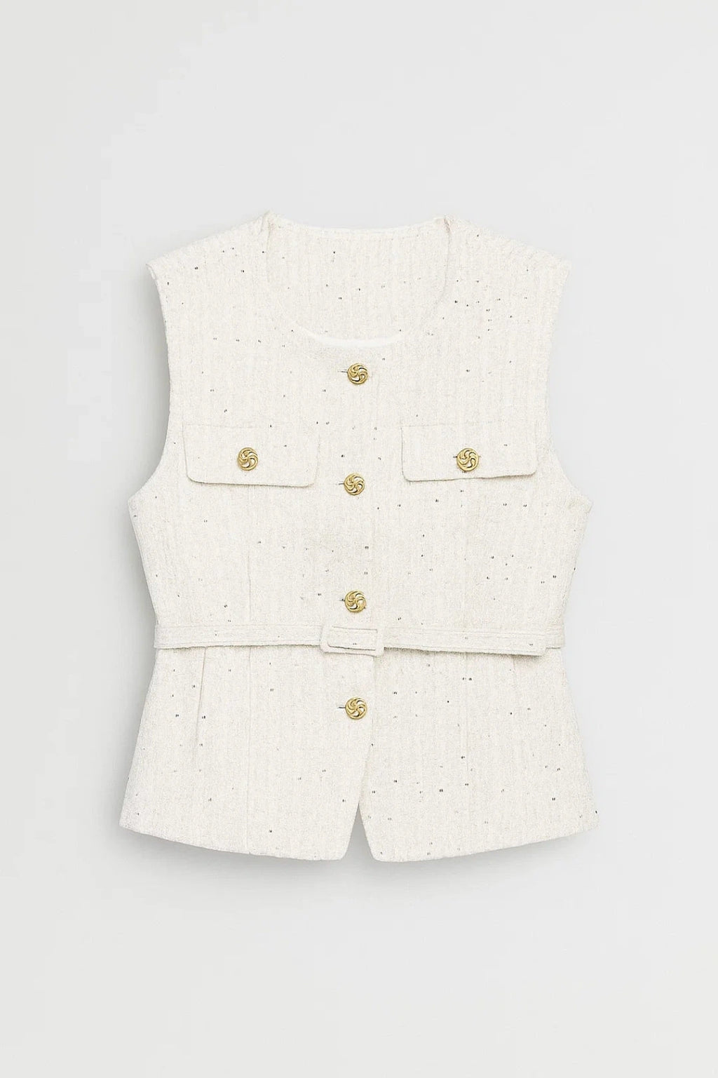 Driftly belted textured waistcoat in white, flat lay front
