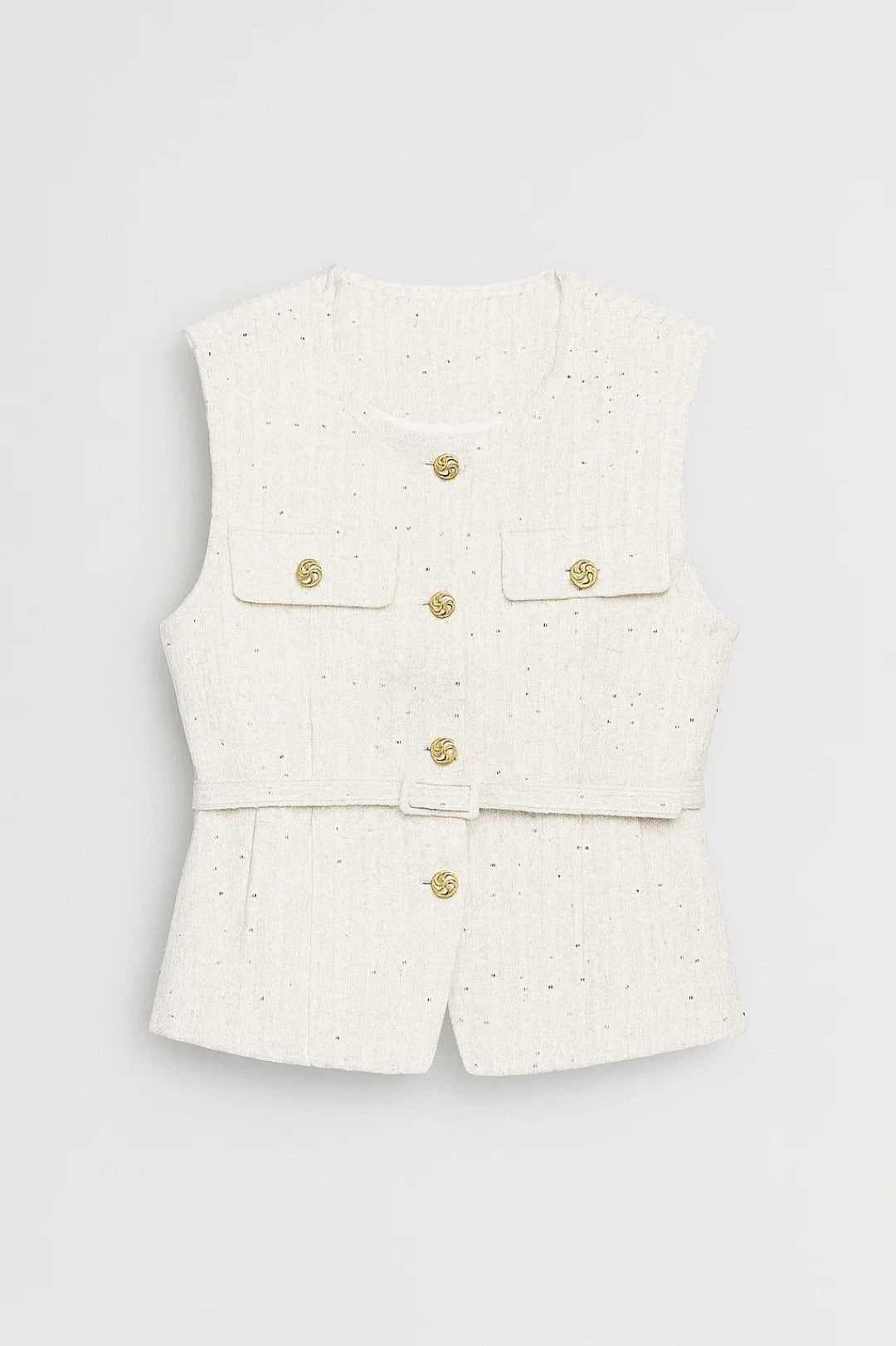 Driftly belted textured waistcoat in white, flat lay front