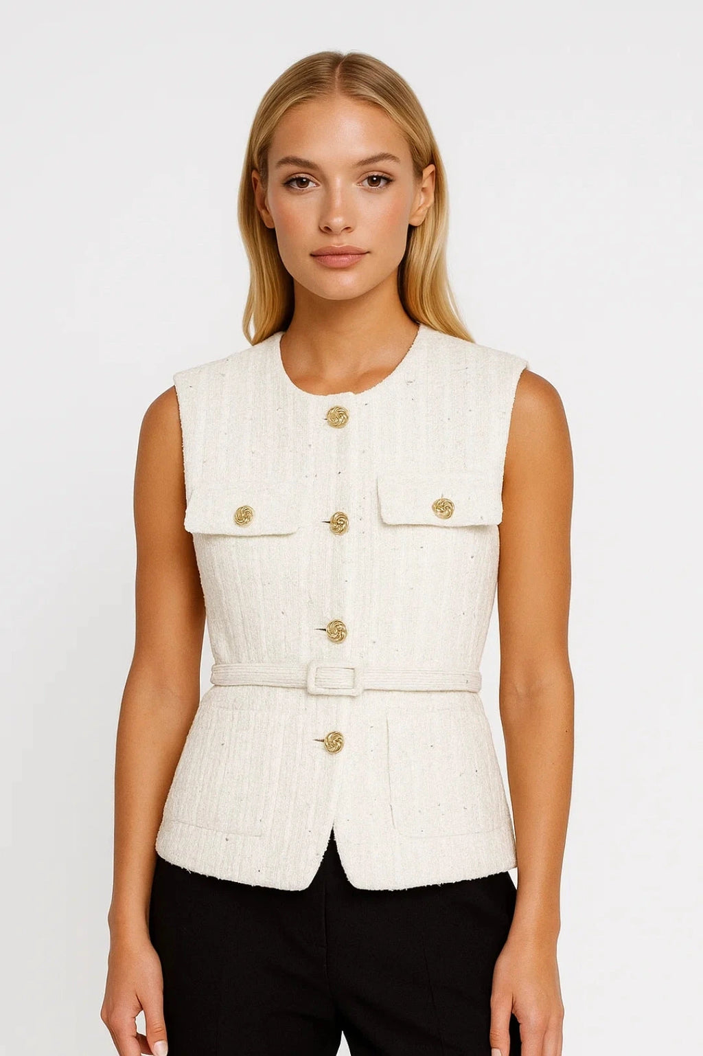 Driftly belted textured waistcoat in white, worn by model