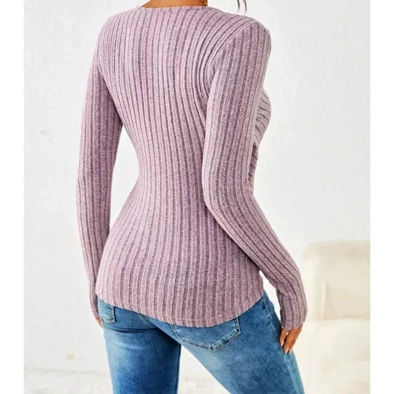 Driftly ribbed wrap top in purple, back view showing fit