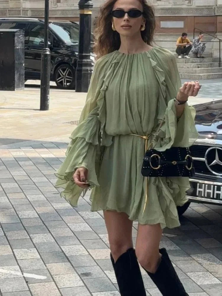 Driftly | Dress Women's Mini Ruffle Sleeve Retro - Polyester