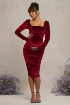 New Life Berry Velvet Maternity Square Neck Ruched Midi Dress – side view