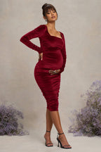 New Life Berry Velvet Maternity Square Neck Ruched Midi Dress – back view