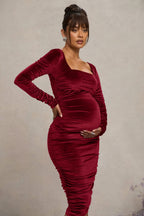 New Life Berry Velvet Maternity Square Neck Ruched Midi Dress – detail shot