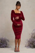 New Life Berry Velvet Maternity Square Neck Ruched Midi Dress – front view