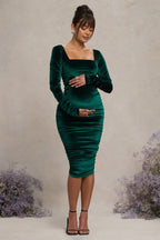 New Life Bottle Green Velvet Maternity Square Neck Ruched Midi Dress – side view