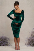 New Life Bottle Green Velvet Maternity Square Neck Ruched Midi Dress – front view