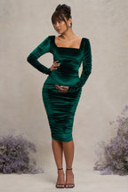 New Life Bottle Green Velvet Maternity Square Neck Ruched Midi Dress – front view