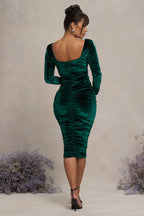 New Life Bottle Green Velvet Maternity Square Neck Ruched Midi Dress – lifestyle photo