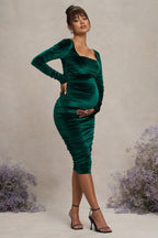 New Life Bottle Green Velvet Maternity Square Neck Ruched Midi Dress – back view