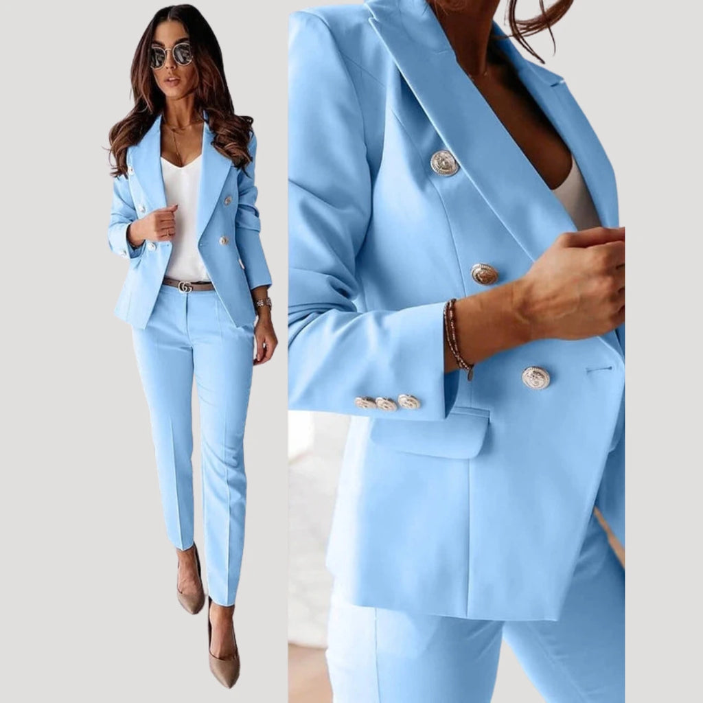 Woman wearing a light blue double-breasted tailored blazer and trouser set