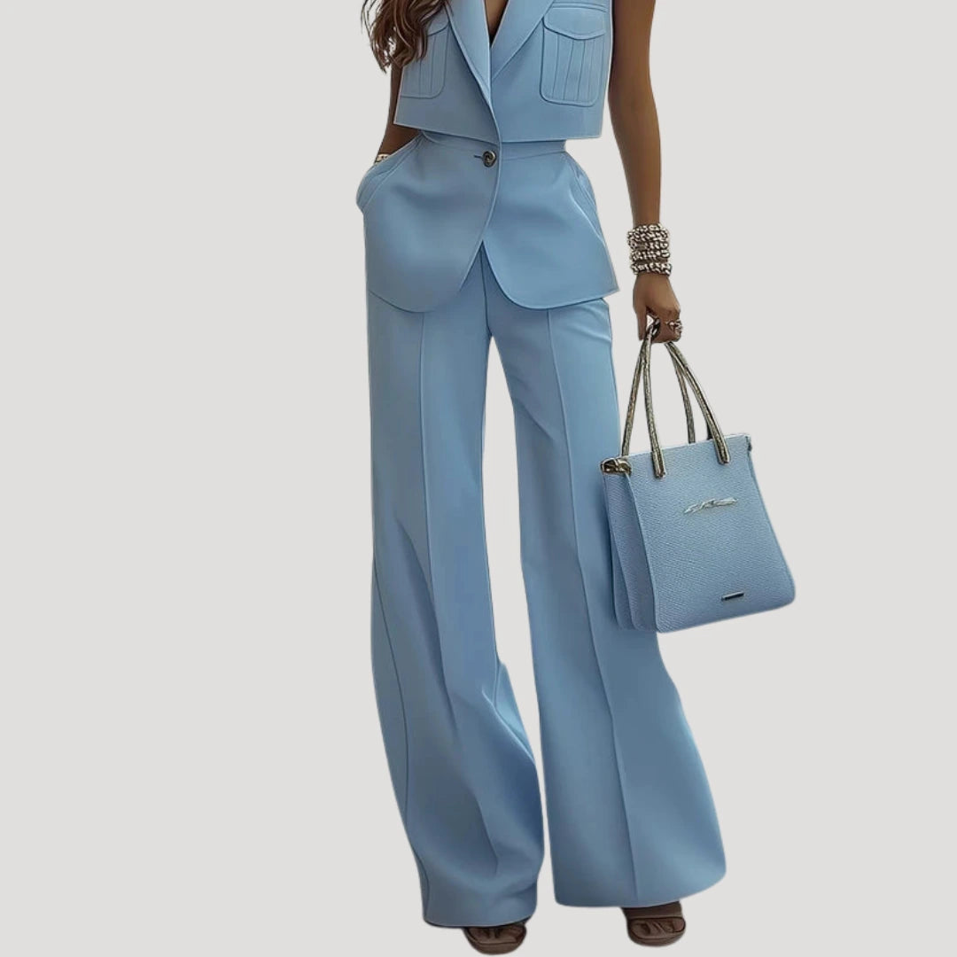 Close-up of a light blue sleeveless blazer and wide-leg trouser set