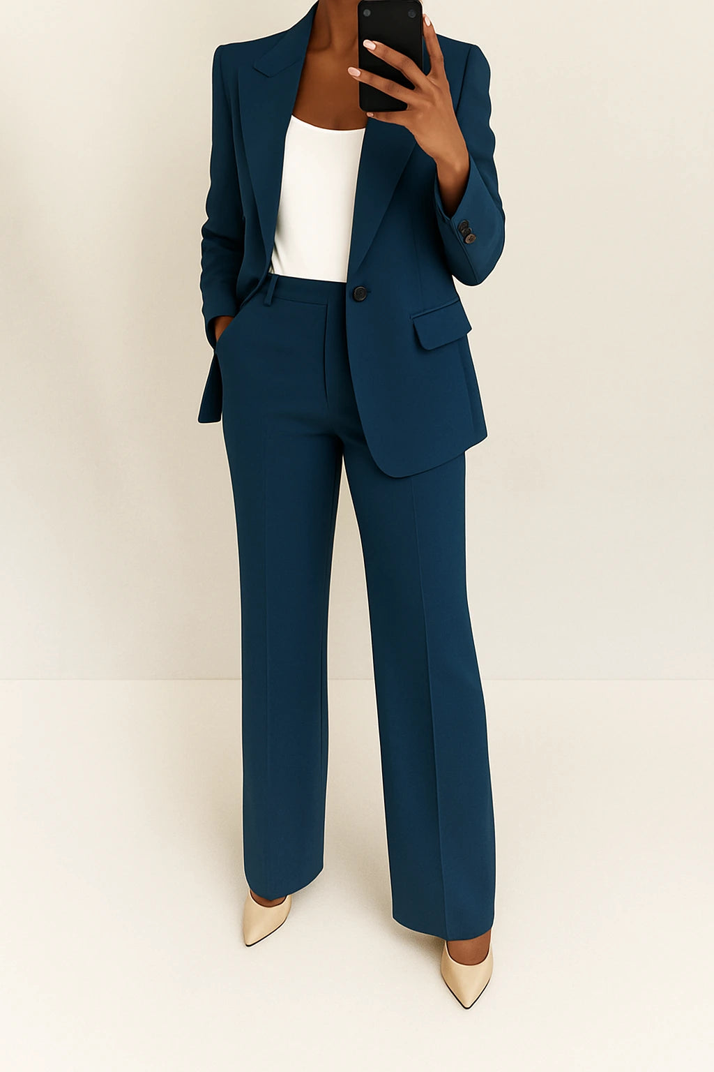 Woman wearing a navy blue wide-leg button-down blazer and trouser set in a studio setting