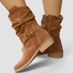 Close-up of brown zipper ankle boots with arch support showing the zipper detail