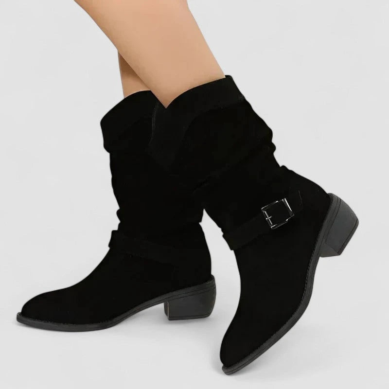Black zipper ankle boots with arch support, side profile view