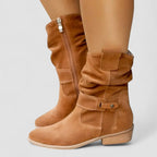 Brown zipper ankle boots with arch support, back view