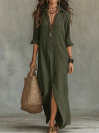 Woman wearing an olive green button-down maxi shirt dress with a wicker tote bag, studio setting
