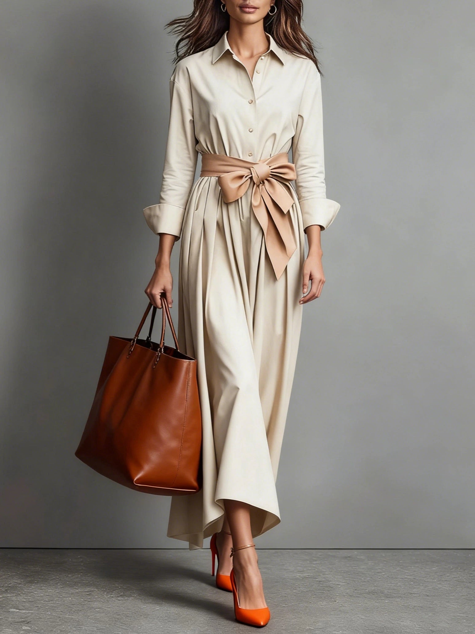 Woman wearing a beige bow-belted maxi shirt dress with a tote bag, studio setting