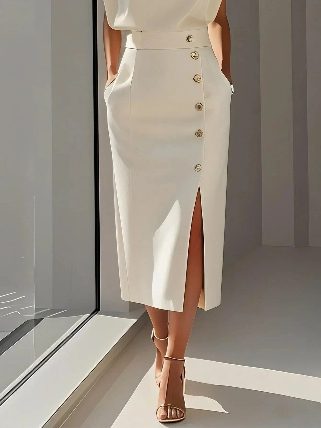 Woman wearing a beige button front sleeveless midi dress, full-length view