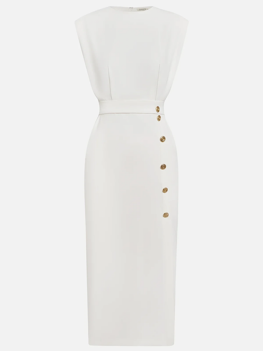 Flat lay of a beige button front sleeveless midi dress