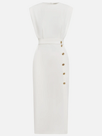 Flat lay of a beige button front sleeveless midi dress