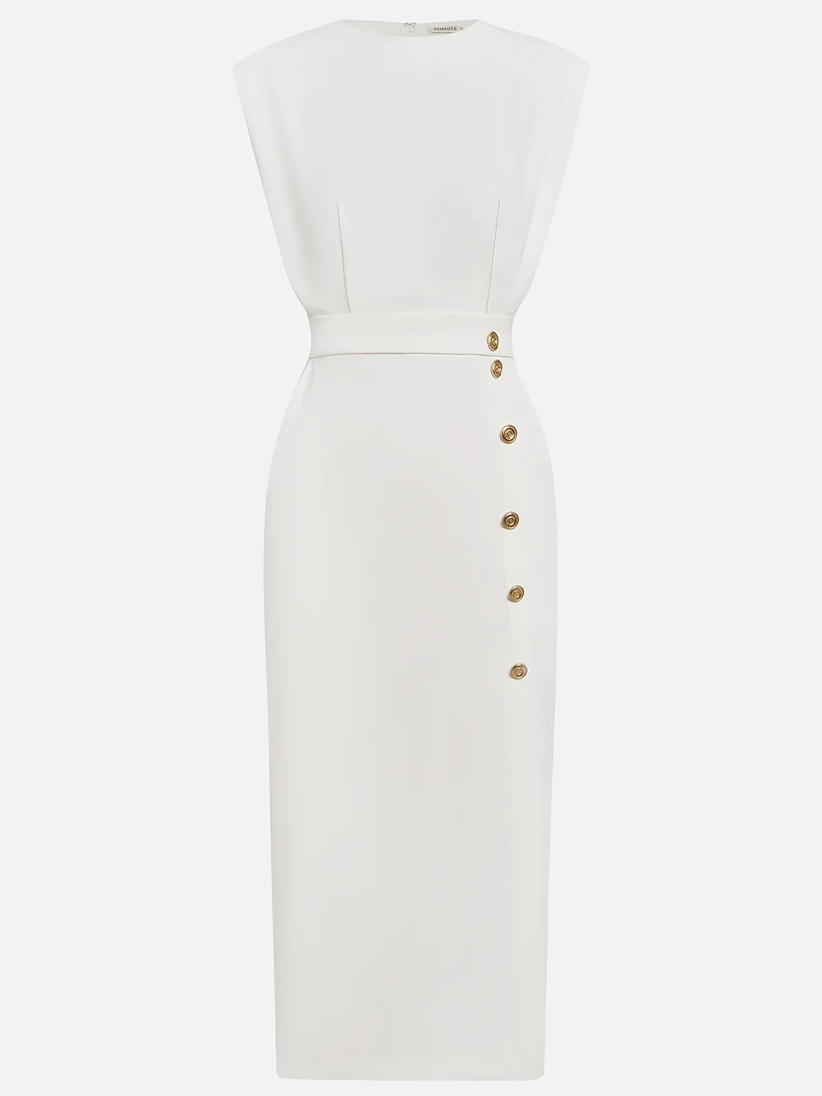 Flat lay of a beige button front sleeveless midi dress