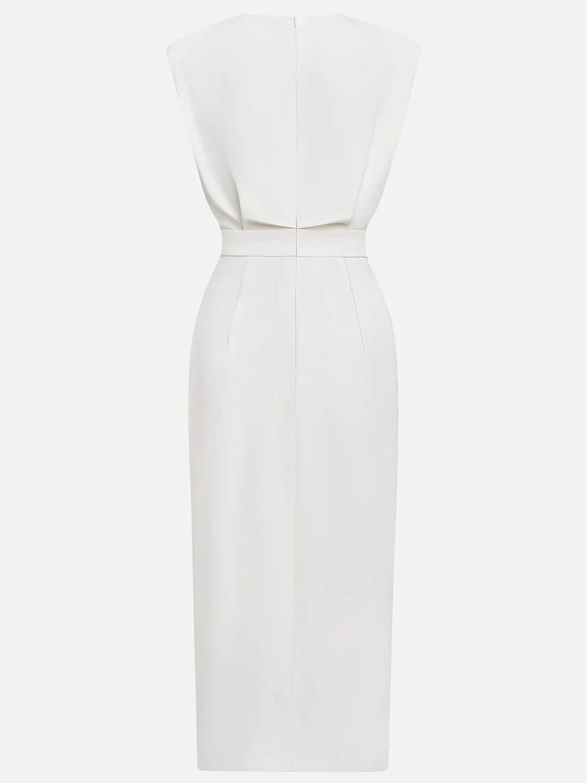 Flat lay of a beige button front sleeveless midi dress, alternate angle