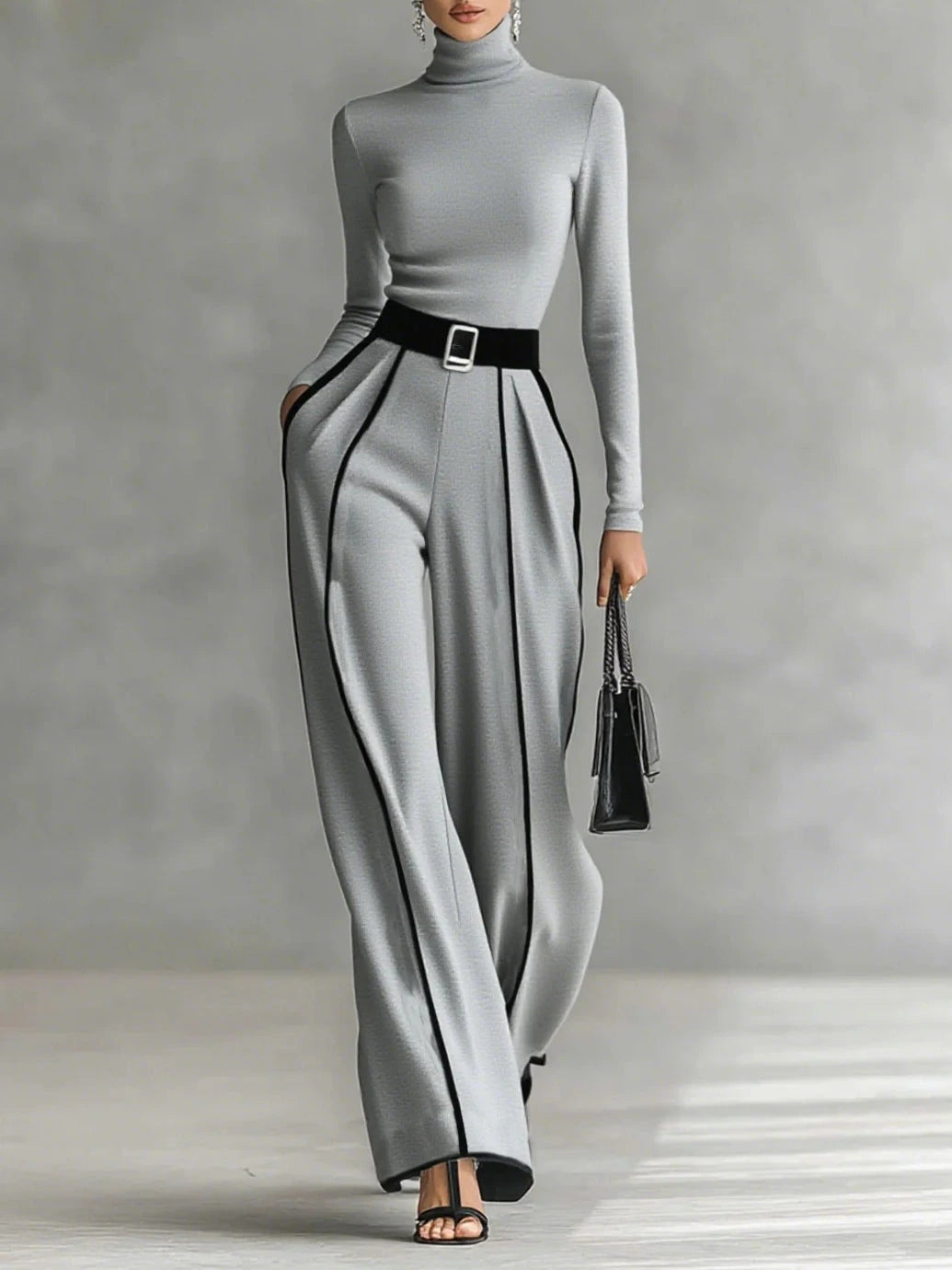 Woman wearing a gray turtleneck and gray wide-leg trousers with white contrast piping, studio setting
