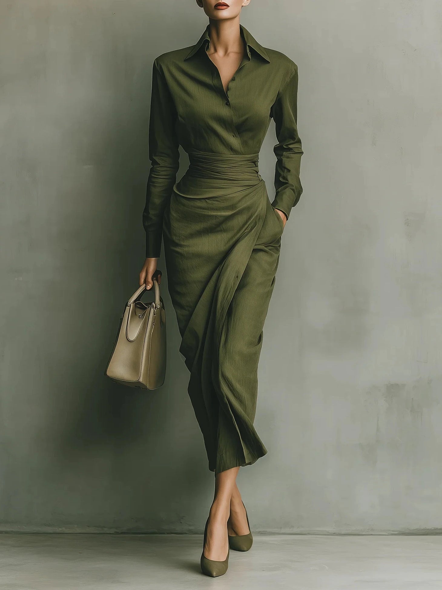 Woman wearing a military green maxi dress in a studio setting