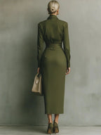 Close-up of a military green maxi dress showing the fabric detail