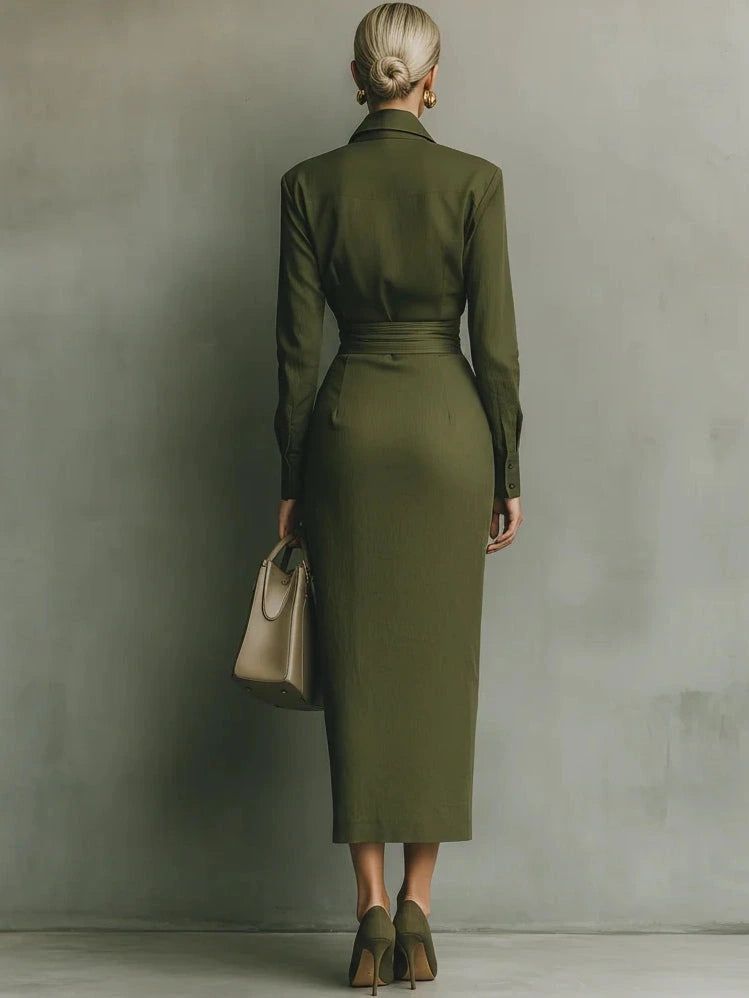 Close-up of a military green maxi dress showing the fabric detail