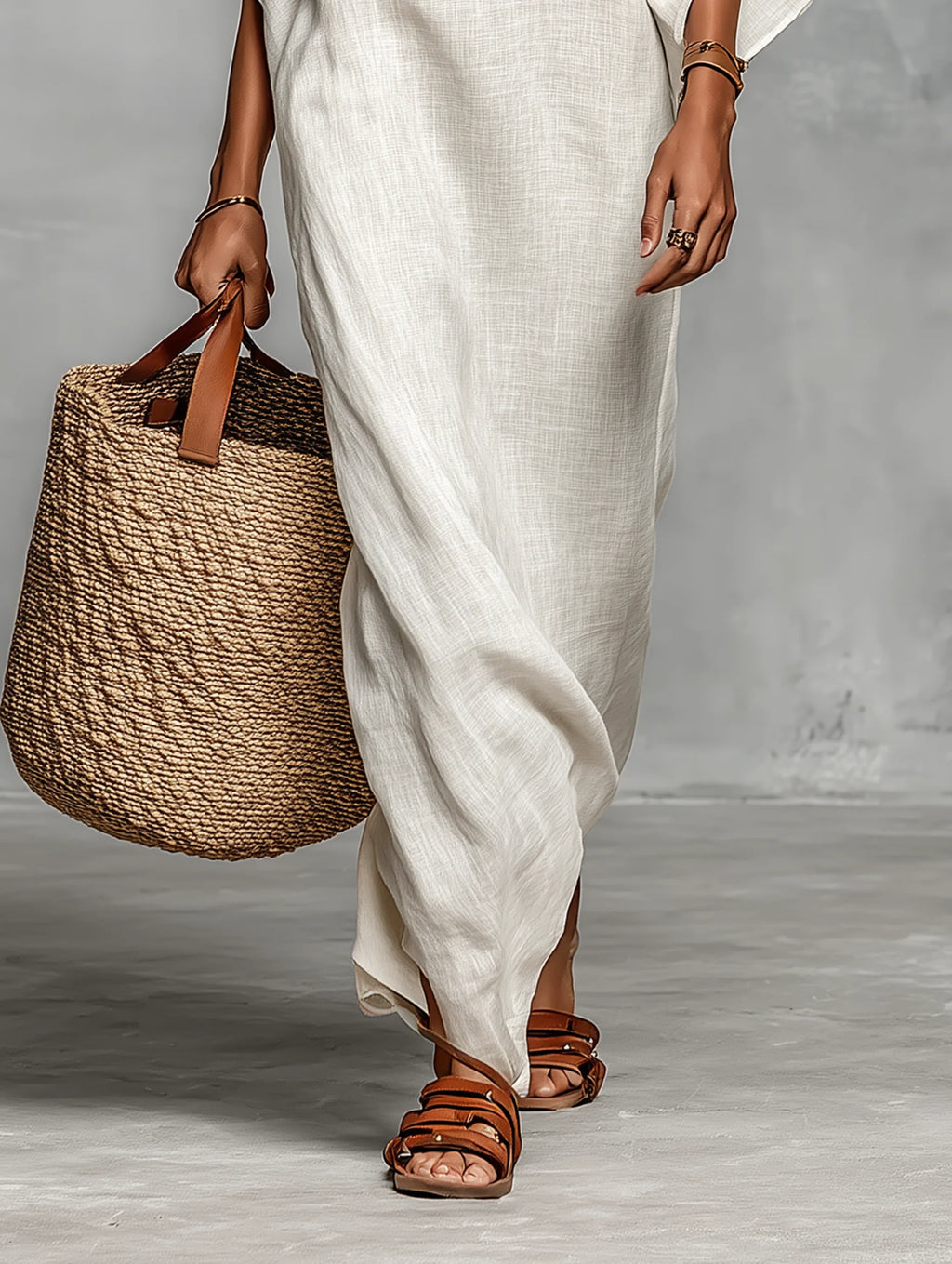 Close-up of a white off-shoulder batwing maxi dress showing the sleeve detail