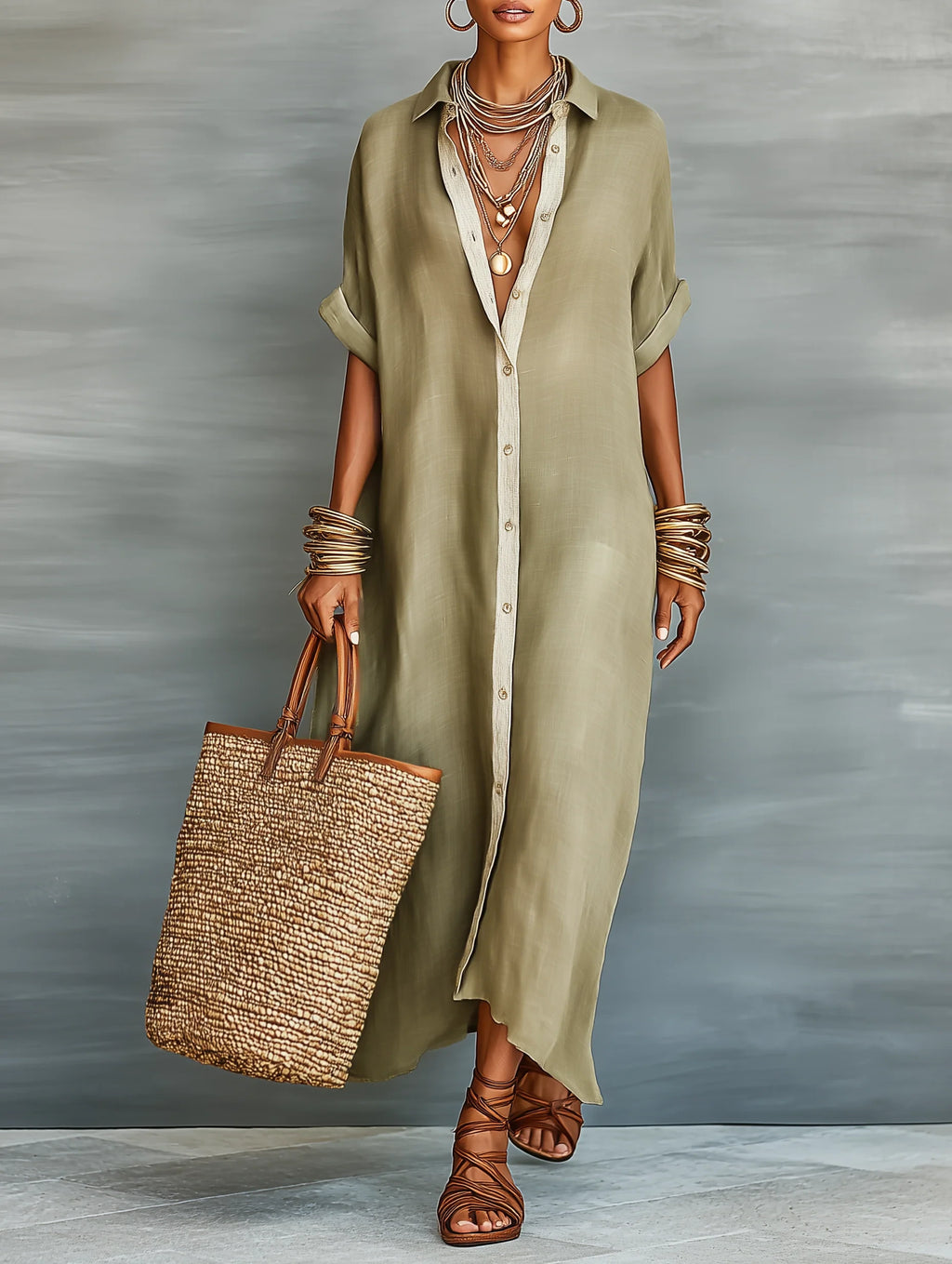 Woman wearing an olive green minimalist line maxi dress in a studio setting