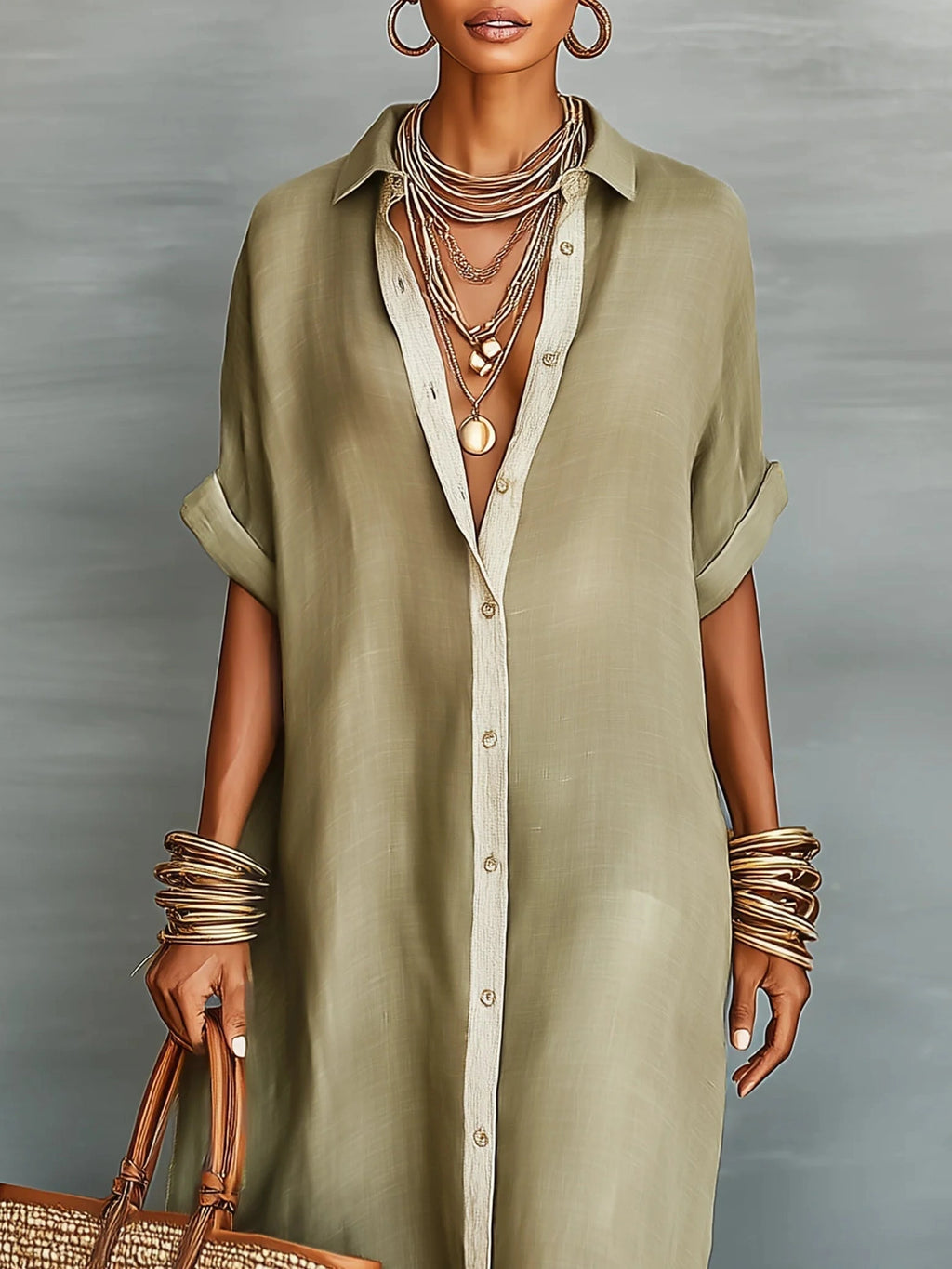 Woman wearing an olive green minimalist line maxi dress in a lifestyle setting