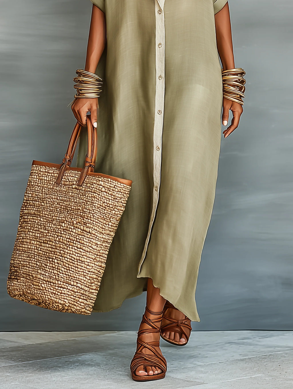 Close-up of an olive green minimalist line maxi dress showing the fabric detail