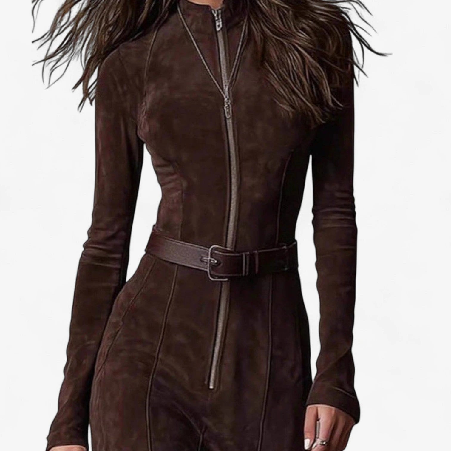 Woman wearing a brown zip-front long sleeve maxi dress in an outdoor setting