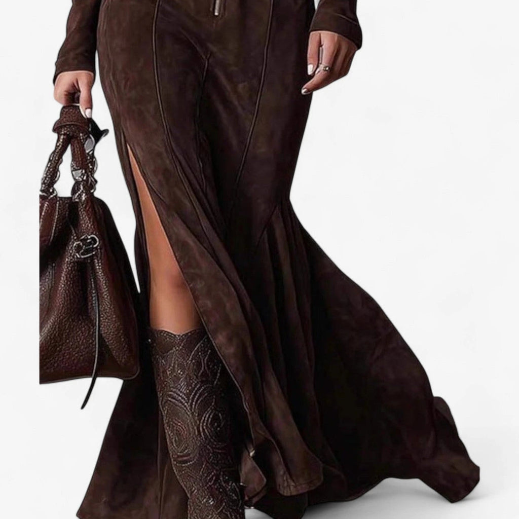 Close-up of a brown zip-front long sleeve maxi dress showing the front zip detail