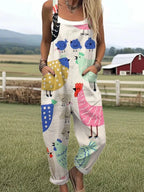 Woman wearing a cream bird print jumpsuit, product catalog photo