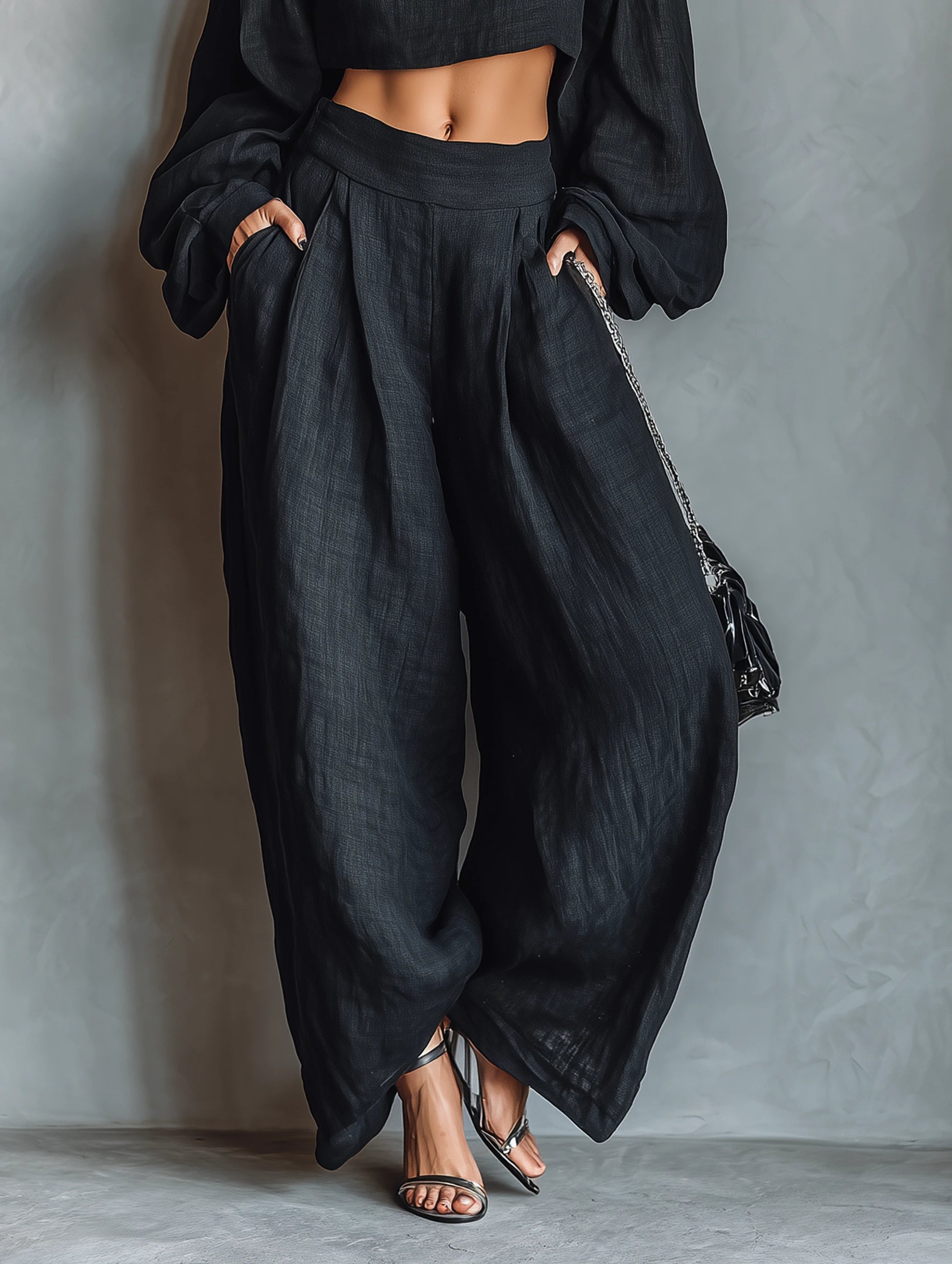 Woman wearing a black off-shoulder wide-leg jumpsuit in a lifestyle setting