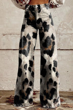 Close-up of black-white cheetah print bohemian pants, front view